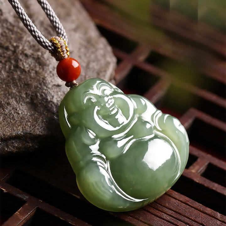 Buddha Stones Laughing Buddha Hetian Jade Abundance Necklace String Pendant - image 1