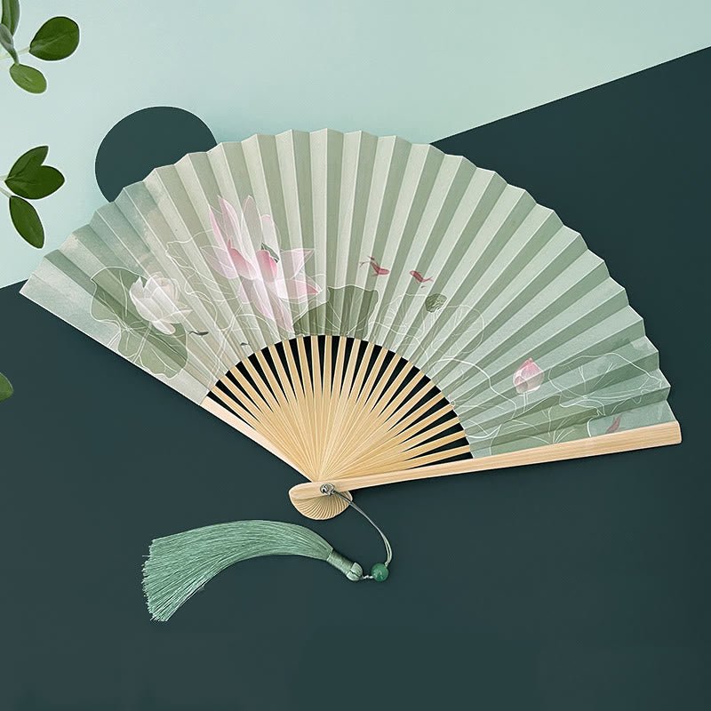 Buddha Stones Lotus Flowers Leaf Koi Fish Handheld Paper Bamboo Folding Fan - image 4