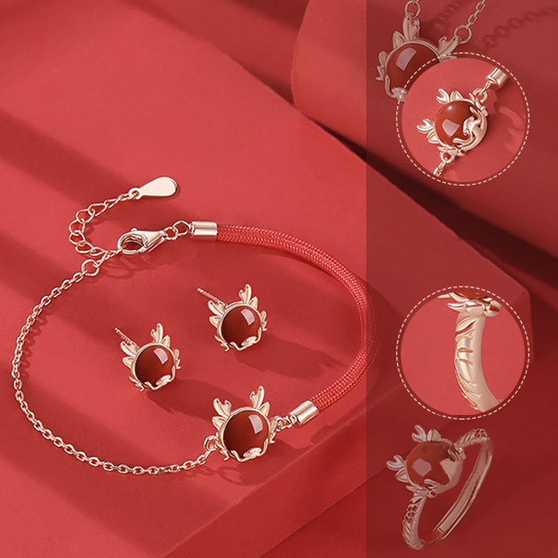 ❗❗❗A Flash Sale- Buddha Stones 925 Sterling Silver Year of the Dragon Cinnabar Red Agate Dragon Protection Bracelet Necklace Pendant Earrings Ring - Set (Bracelet+Necklace+Earrings+Ring) - image 0