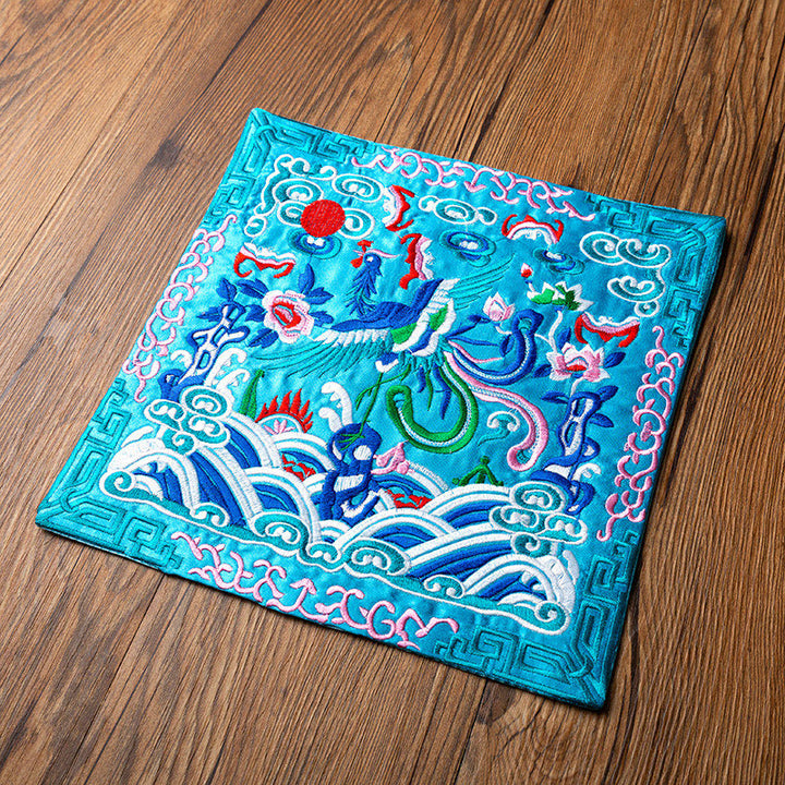 Buddha Stones Phoenix Dragon Kirin Embroidery Cup Mat Pad Tea Cup Coaster Kung Fu Tea Mat - Light Blue Phoenix - image 13