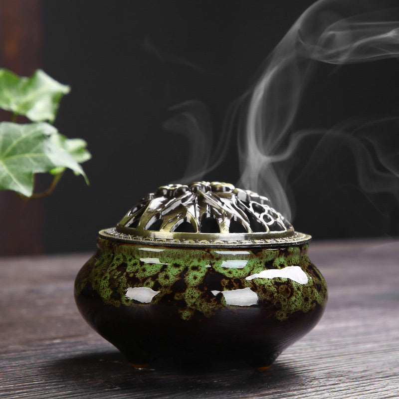 Buddha Stones Flower Pattern Ceramic Blessing Meditation Incense Burner Decoration - Green - image 3
