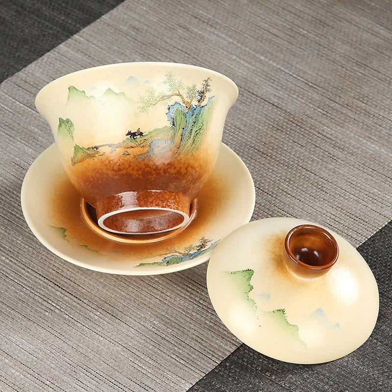 Buddha Stones Mountain Landscape Countryside Ceramic Gaiwan Sancai Teacup Kung Fu Tea Cup And Saucer With Lid - image 2