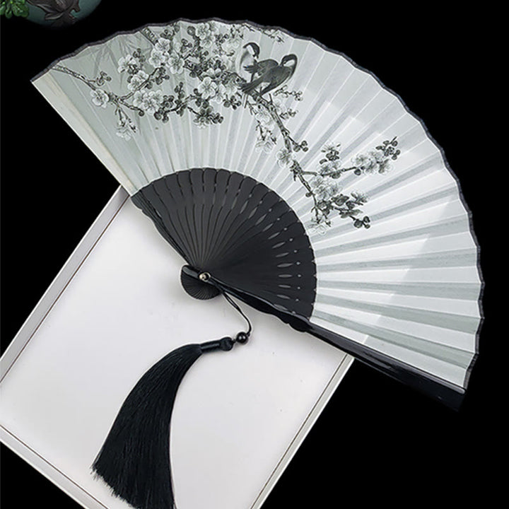 Buddha Stones Vintage Bamboo Peony Butterfly Lotus Handheld Silk Folding Fan With Bamboo Frames - Birds Flowers - image 11