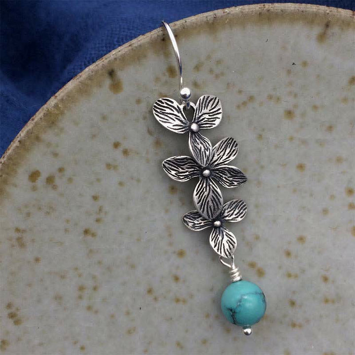 Buddha Stones 925 Sterling Silver Turquoise Lazurite Lapis Lazuli Flower Leaf Serenity Protection Hook Drop Dangle Earrings - image 2