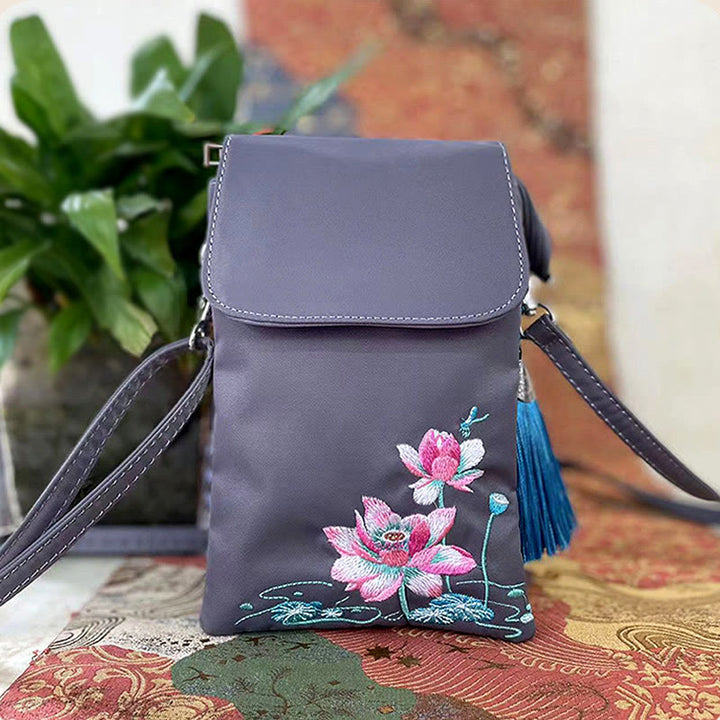 Buddha Stones Waterproof Handmade Embroidered Lotus Flowers Crossbody Bag Shoulder Bag Cellphone Bag - Gray Lotus Dragonfly - image 23