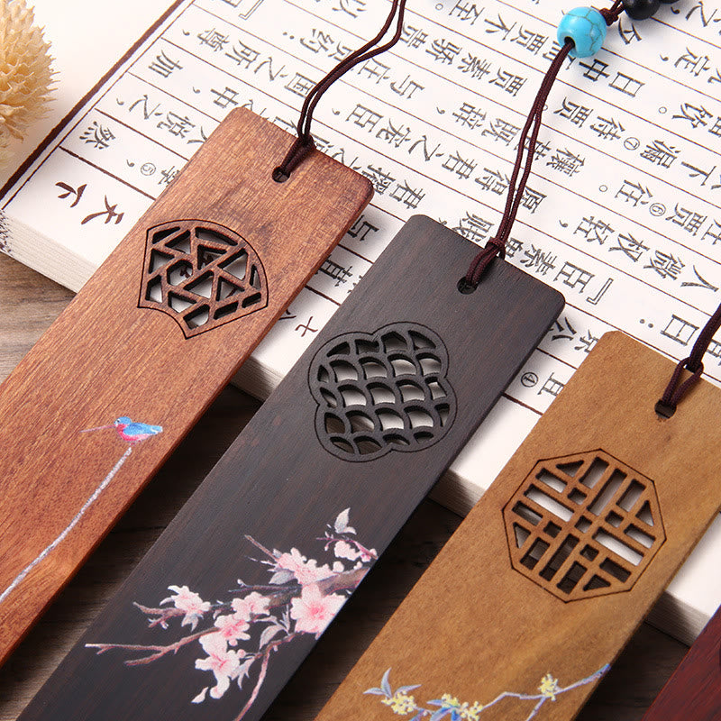 Buddha Stones 4Pcs Four Seasons Plum Orchid Bamboo Chrysanthemum Peking Opera Mask Wood Bookmarks With Gift Box - image 8