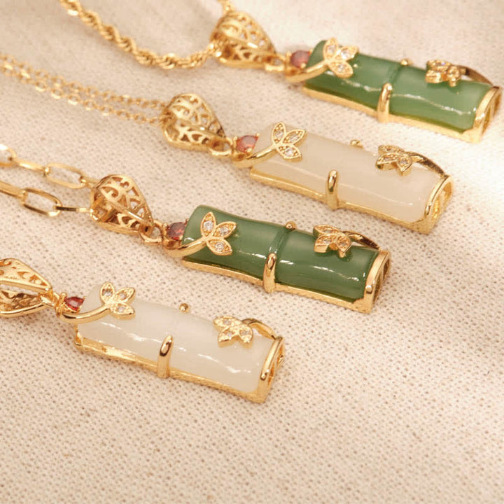 Buddha Stones White Jade Cyan Jade Bamboo Luck Protection Necklace Pendant - image 3