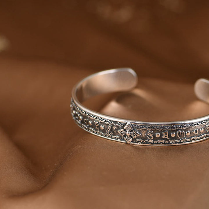 Buddha Stones 925 Sterling Silver Om Mani Padme Hum Double Dorje Engraved Wisdom Cuff Bracelet Bangle - image 7