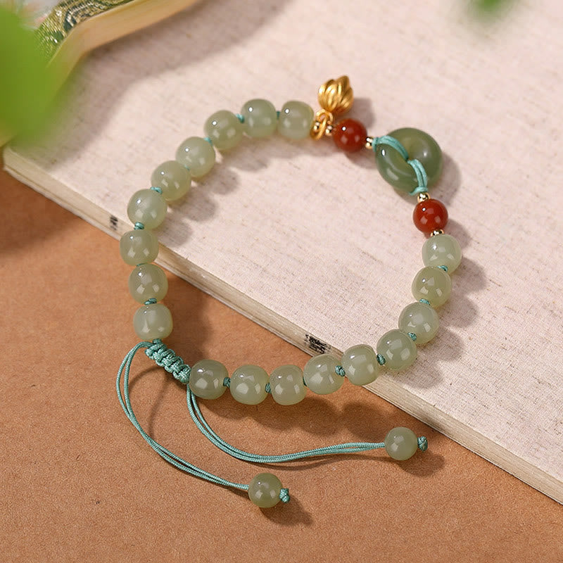 Buddha Stones 925 Sterling Silver Natural Hetian Jade Peace Buckle Red Agate Luck Bracelet - image 2