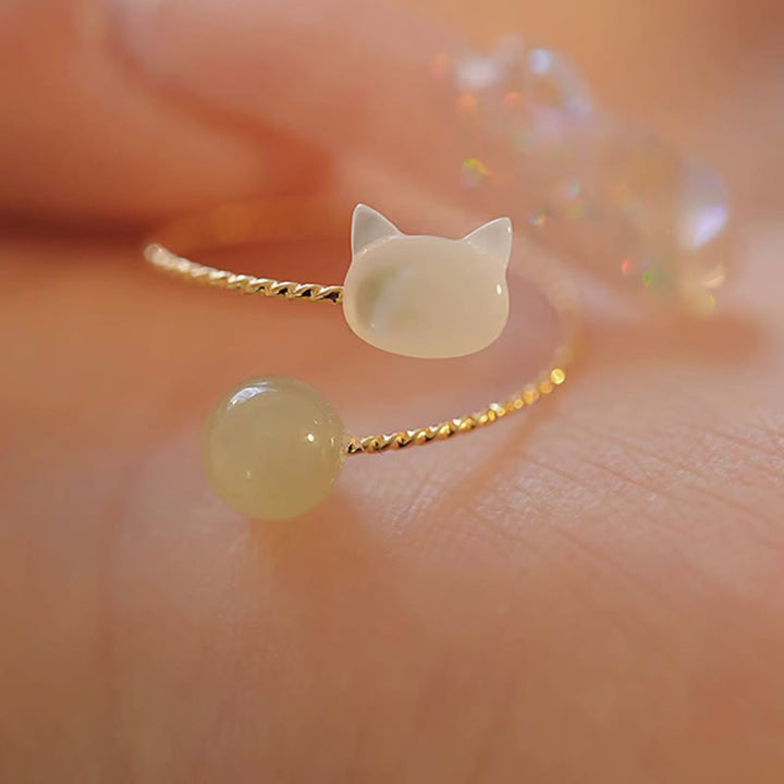 Buddha Stones Tridacna Stone Cat Head Jade Bead Blessing Ring - Tridacna Stone - image 0