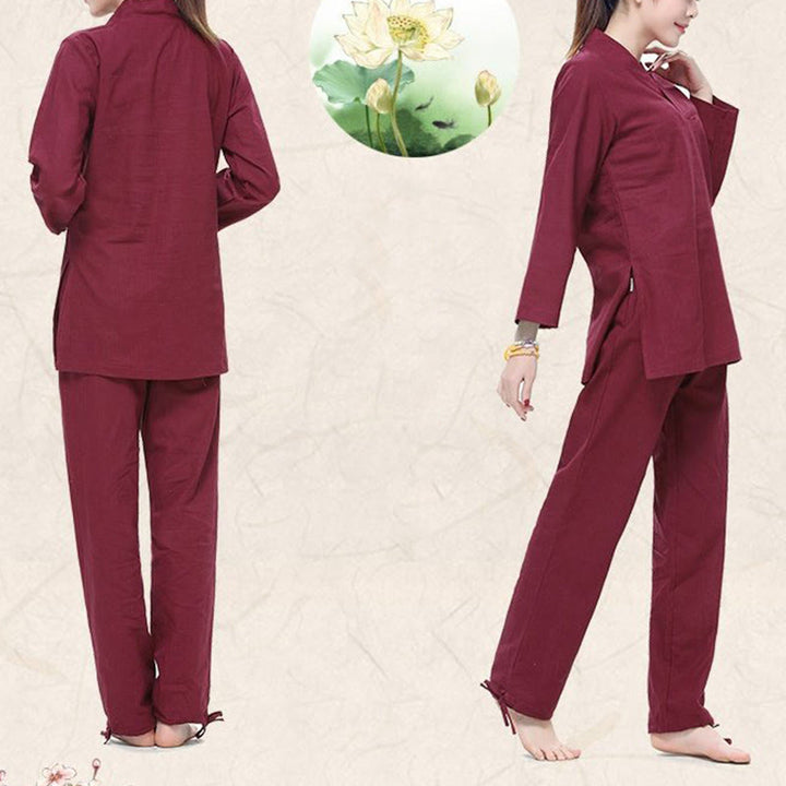 Buddha Stones Zen Practice Yoga Meditation Prayer V-neck Design Uniform Cotton Linen Clothing Women's Set - image 2