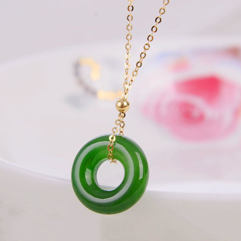 Round Cyan Jade Healing 14K Gold Necklace Pendant - image 3