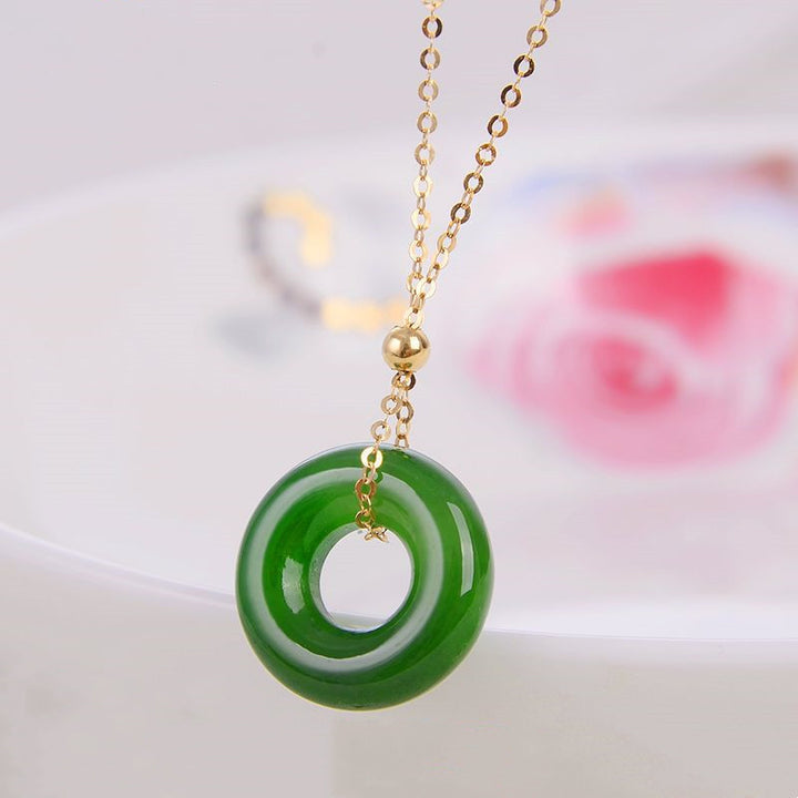 Round Cyan Jade Healing 14K Gold Necklace Pendant - image 3