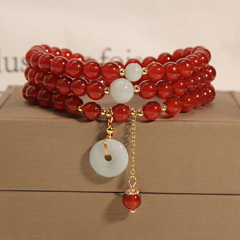 Buddha Stones Natural Red Agate Jade Peace Buckle Calm Triple Wrap Bracelet - Red Agate(Confidence♥Calm) - image 0