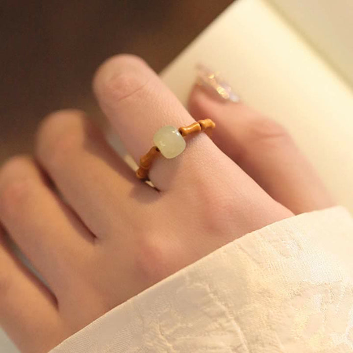 Buddha Stones Hetian Jade Beaded Bamboo Prosperity Luck Ring - image 2