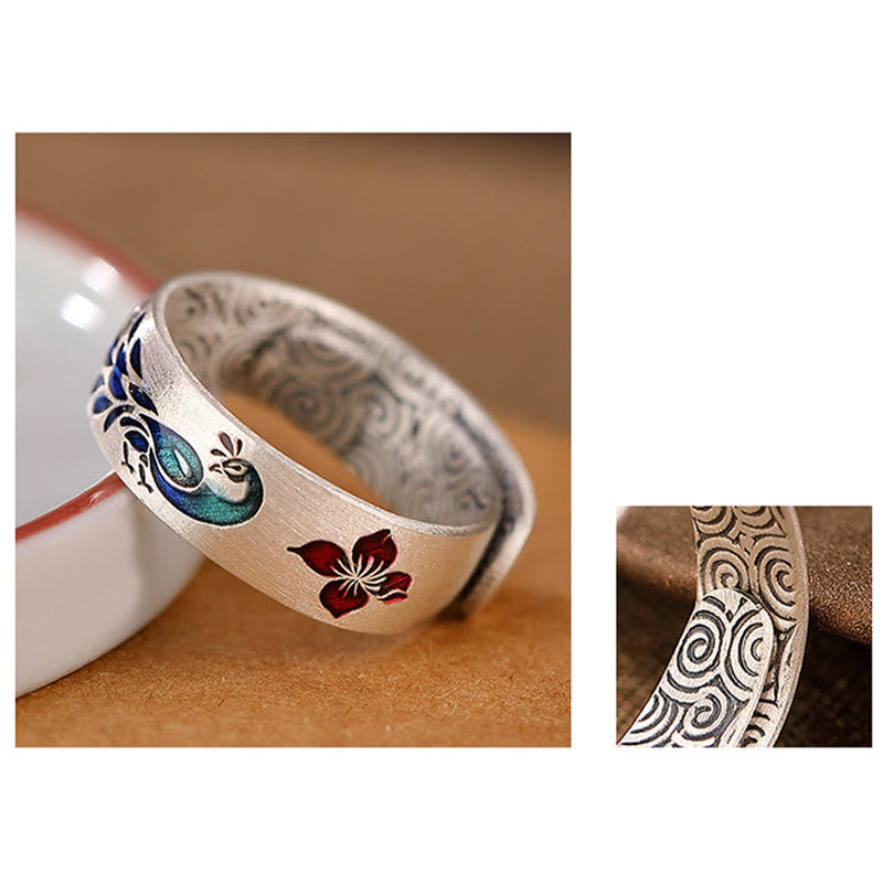 Buddha Stones 999 Sterling Silver Peacock Auspicious Clouds Engraved Lotus Flower Fortune Ring - image 6