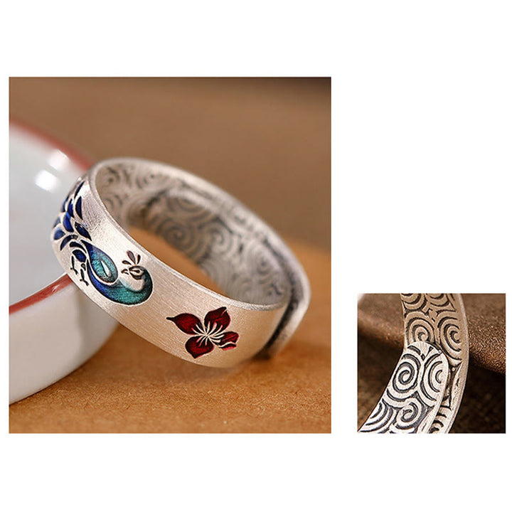 Buddha Stones 999 Sterling Silver Peacock Auspicious Clouds Engraved Lotus Flower Fortune Ring - image 6