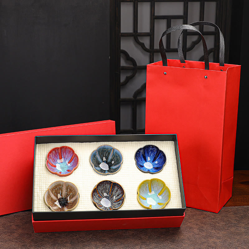 Buddha Stones 6Pcs Plum Blossom Petal Pattern Chinese Jianzhan Kiln Change Ceramic Teacup Kung Fu Tea Cup Bowl With Gift Box - 6pcs Plum Blossom Cup 8cm*5.2cm*90ml(With Red Gift Box) - image 1