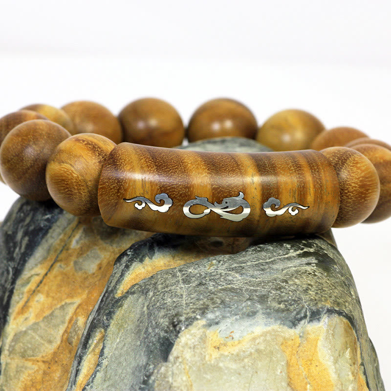 Buddha Stones 999 Sterling Silver Green Sandalwood Om Mani Padme Hum Dragon Phoenix Dharmachakra Inlaid Peace Bracelet - Dragon - 15mm - image 5