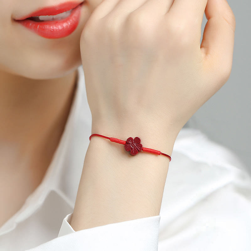 Buddha Stones Handmade Plum Blossom Four Leaf Clover PiXiu Lotus Koi Fish Cinnabar Blessing Braid Bracelet - image 4