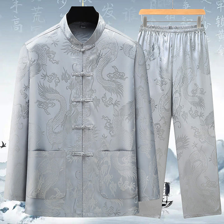 Buddha Stones Tang Suit Men Hanfu Chinese Dragon Traditional Clothes Kung Fu Shirt Uniform Long Sleeved Coat Tops and Pants Clothing Men's Set - Gray - US/UK/AU42，EU52 (3XL) - image 0