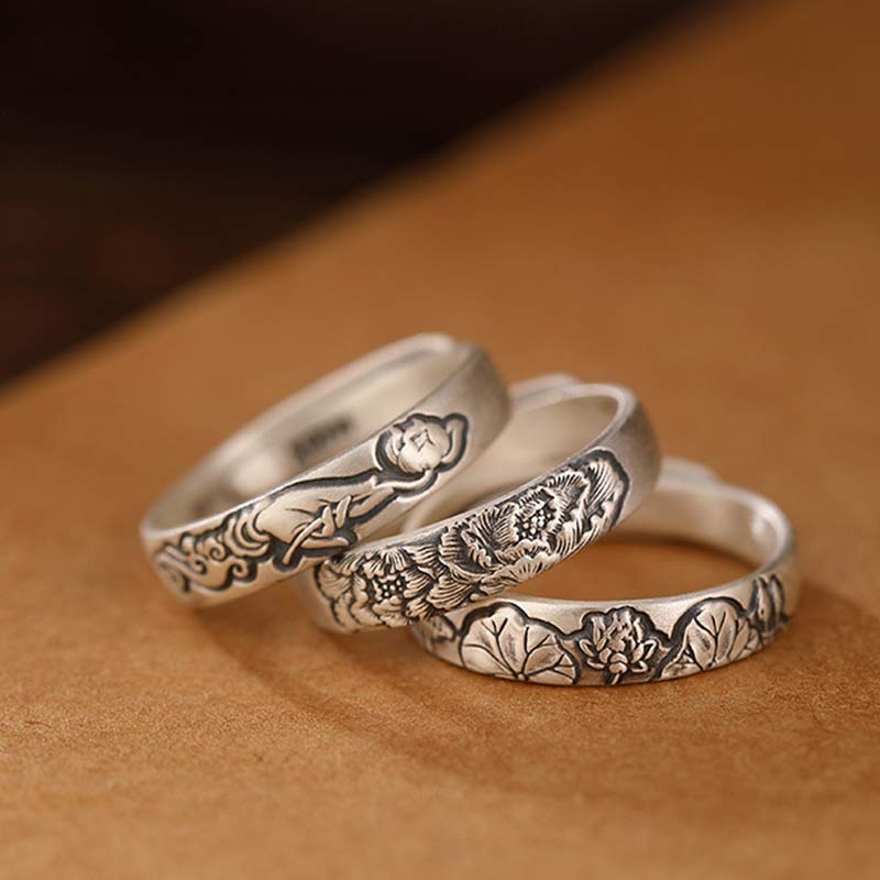 Buddha Stones 999 Sterling Silver Lotus Peony Flower Enlightenment Ring - image 13
