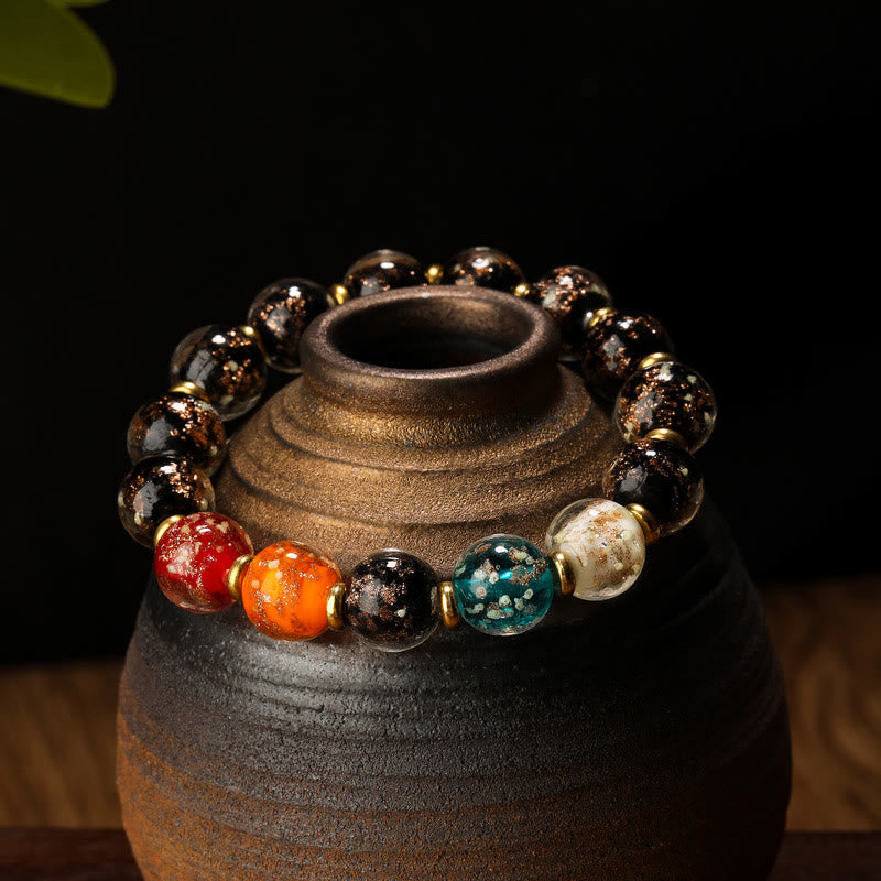 Buddha Stones Luminous Liuli Glass Bead Luck Fluorescent Bracelet - Black&Four Colors Beads - 12mm - image 1