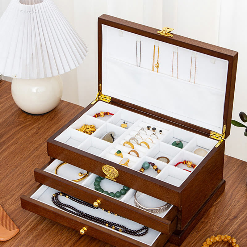 Buddha Stones Retro Wooden Jewelry Box Three-Layer Jewelry Storage Box - 31.5*19.5*14.5cm - image 0