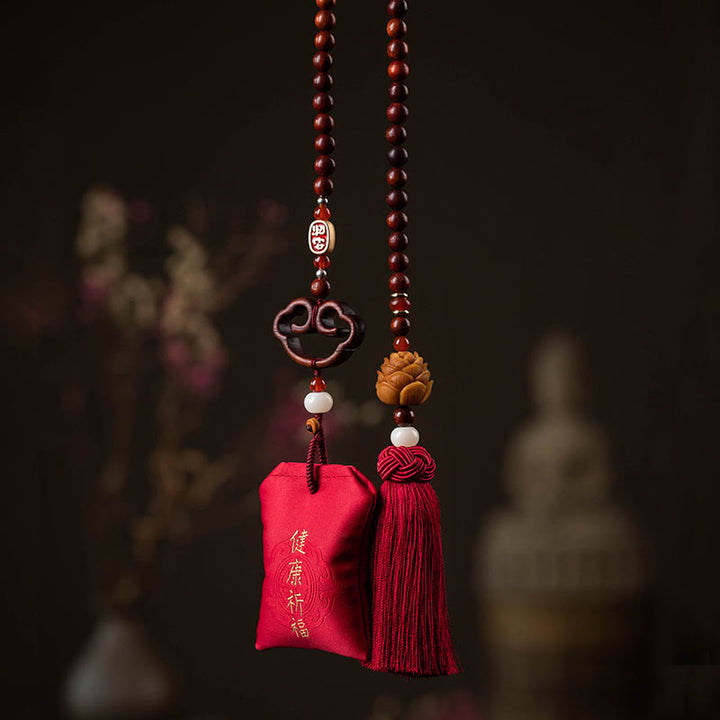 Buddha Stones Tibetan Small Leaf Red Sandalwood Lotus Cinnabar Sachet Protection Tassel Car Hanging Decoration - Health And Blessings - image 14
