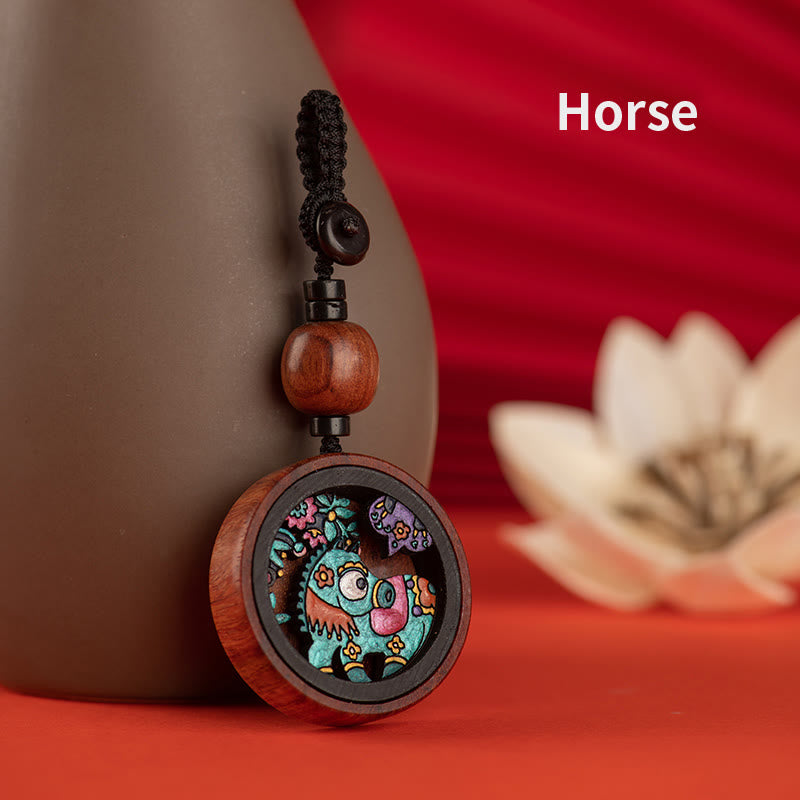 Buddha Stones Year Of The Dragon Hand Painted Chinese Zodiac Rosewood Carved Calm Key Chain - Horse - image 14