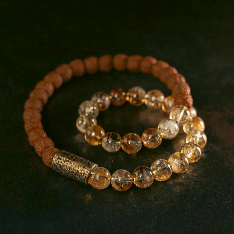 Buddha Stones Natural Citrine Crystal Rudraksha Bodhi Seed Brass Bead Prosperity Double Wrap Bracelet - Inner Circumference 18cm fit for Wrist Circumference 17-17.5cm(2 Circle) - image 0