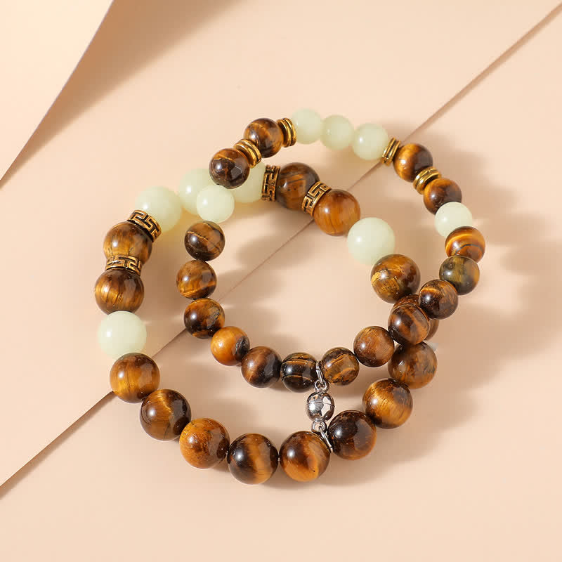 2Pcs Tiger Eye Glowstone Luminous Bead Protection Couple Bracelet - Tiger Eye&Glowstone - image 0