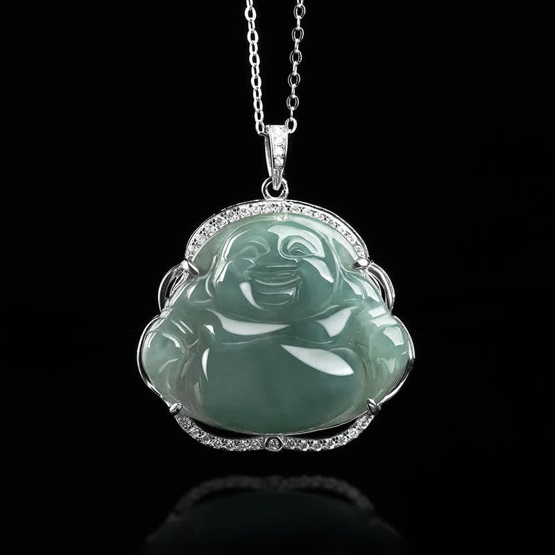 Buddha Stones 925 Sterling Silver Laughing Buddha Natural Jade Luck Necklace Chain Pendant - image 3