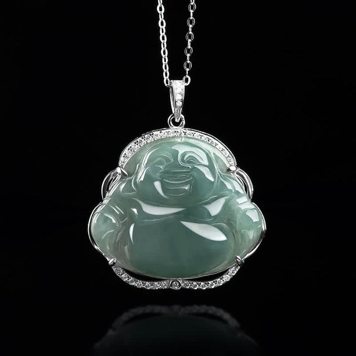 Buddha Stones 925 Sterling Silver Laughing Buddha Natural Jade Luck Necklace Chain Pendant - image 3