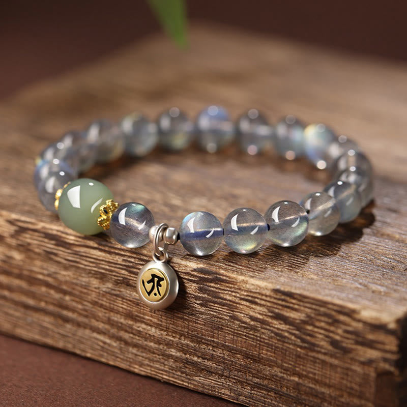 Buddha Stones Chinese Zodiac Natal Buddha 925 Sterling Silver Natural Moonstone Hetian Jade Positive Bracelet - Dog/Pig-Amitabha Buddha(Wrist Circumference 15.5-16cm) - image 0