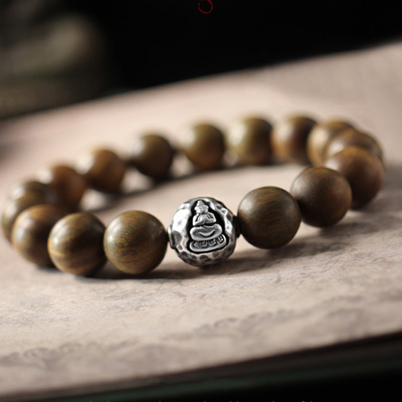 Buddha Stones 999 Sterling Silver Green Sandalwood Small Leaf Red Sandalwood Buddha Cure Bracelet - Green Sandalwood(Cure♥Positive) - 10mm - image 0