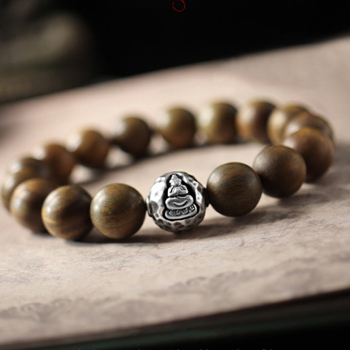 Buddha Stones 999 Sterling Silver Green Sandalwood Small Leaf Red Sandalwood Buddha Cure Bracelet - Green Sandalwood(Cure♥Positive) - 10mm - image 0