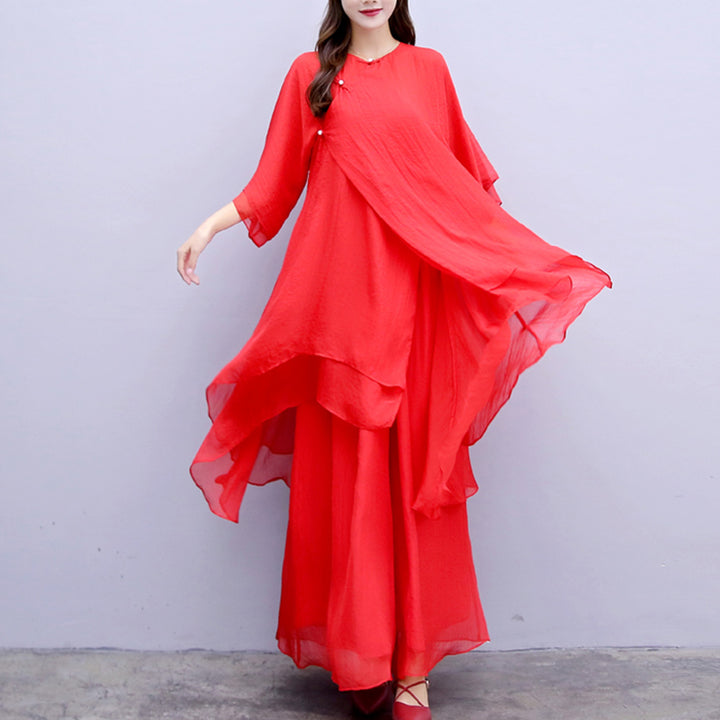 Buddha Stones 3Pcs Yoga Chiffon Clothing Uniform Meditation Zen Practice Women's Set - Red Suit(Top+Pants+Suspenders) - US6，UK/AU10，EU38 (XL) - image 28