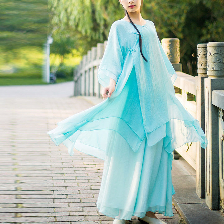 Buddha Stones 3Pcs Yoga Chiffon Clothing Uniform Meditation Zen Practice Women's Set - Light Cyan Suit(Top+Pants+Suspenders) - US6，UK/AU10，EU38 (XL) - image 0