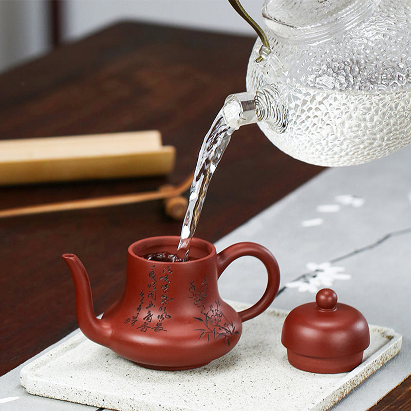 Buddha Stones Vintage Bamboo Peach Blossom Purple Clay Kung Fu Teapot - image 6