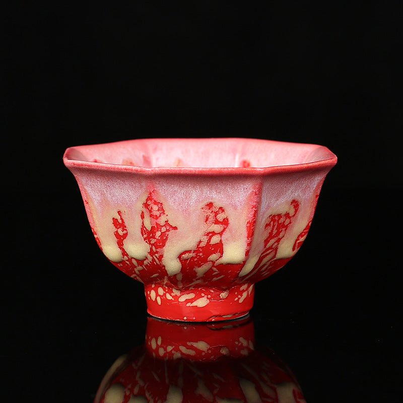 Buddha Stones Retro Blue Red Gradient Lotus Pattern Kiln Change Ceramic Teacup Kung Fu Tea Cup Bowl - Red - 9cm*5.5cm*120ml - image 8