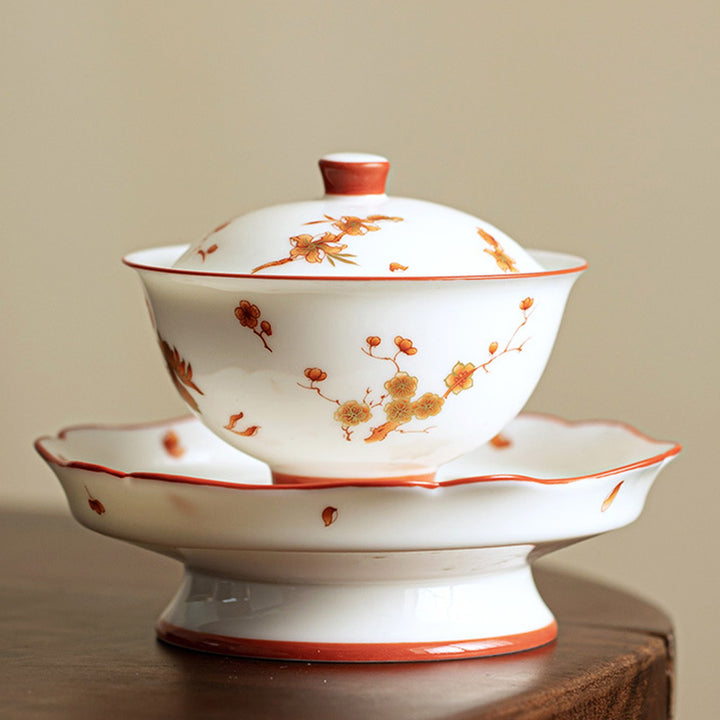 Buddha Stones White Porcelain Flowers Ceramic Gaiwan Sancai Teacup Kung Fu Tea Cup And Saucer With Lid - Gaiwan Teacup 12.7cm*9.5cm*110ml - image 0