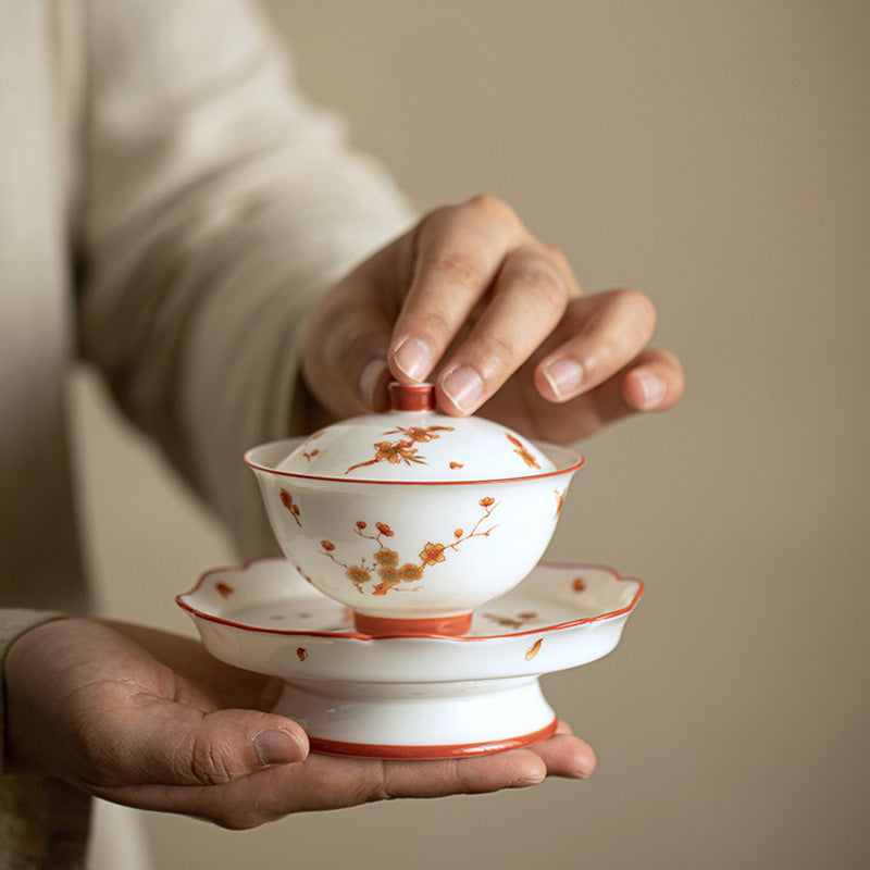 Buddha Stones White Porcelain Flowers Ceramic Gaiwan Sancai Teacup Kung Fu Tea Cup And Saucer With Lid - image 1