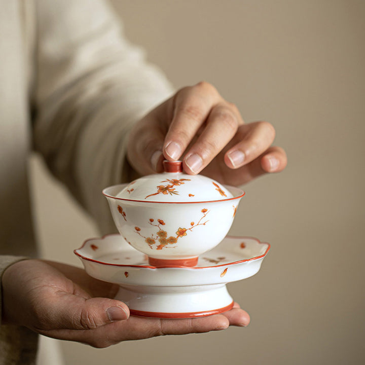 Buddha Stones White Porcelain Flowers Ceramic Gaiwan Sancai Teacup Kung Fu Tea Cup And Saucer With Lid - image 1