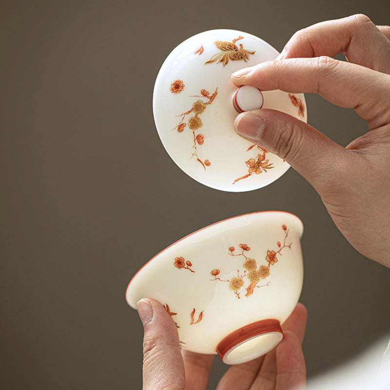 Buddha Stones White Porcelain Flowers Ceramic Gaiwan Sancai Teacup Kung Fu Tea Cup And Saucer With Lid - image 2