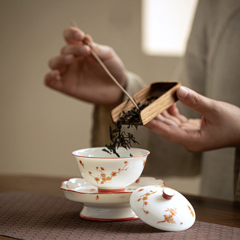 Buddha Stones White Porcelain Flowers Ceramic Gaiwan Sancai Teacup Kung Fu Tea Cup And Saucer With Lid - image 5