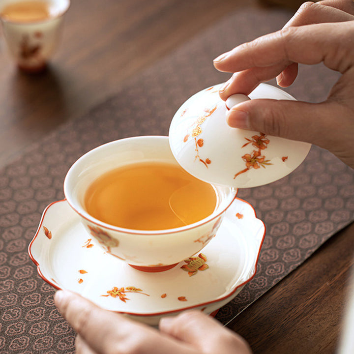 Buddha Stones White Porcelain Flowers Ceramic Gaiwan Sancai Teacup Kung Fu Tea Cup And Saucer With Lid - image 3