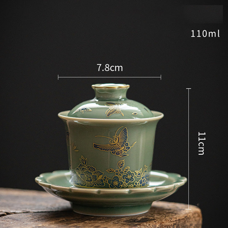 Buddha Stones Green Porcelain Butterfly Flower Salmon Fish Ceramic Gaiwan Sancai Teacup Kung Fu Tea Cup And Saucer With Lid - Butterfly Flower Gaiwan Teacup 7.8cm*11cm*110ml - image 1
