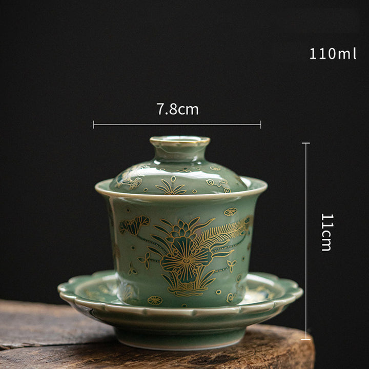 Buddha Stones Green Porcelain Butterfly Flower Salmon Fish Ceramic Gaiwan Sancai Teacup Kung Fu Tea Cup And Saucer With Lid - Salmon Gaiwan Teacup 7.8cm*11cm*110ml - image 12
