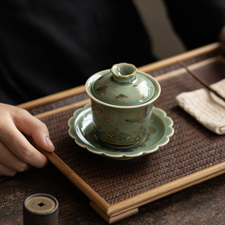 Buddha Stones Green Porcelain Butterfly Flower Salmon Fish Ceramic Gaiwan Sancai Teacup Kung Fu Tea Cup And Saucer With Lid - image 7